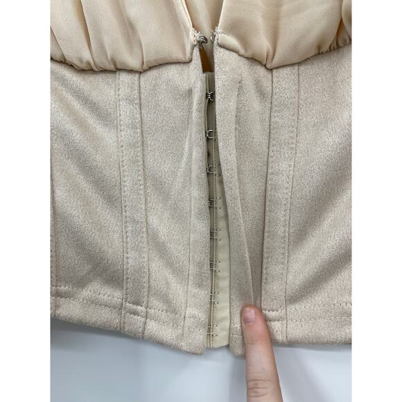 Love X Design Womens Crop Blouse Top Lantern Sleeves V-Neck Tan Beige NEW Medium - Picture 5 of 9